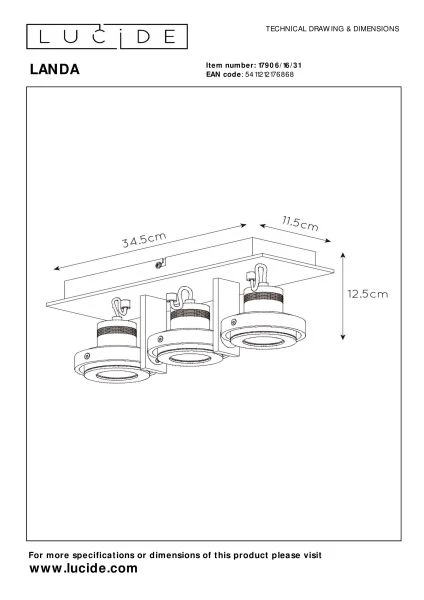 Lucide LANDA - Spot plafond - LED Dim to warm - GU10 - 3x5W 2200K/3000K - Blanc - technique